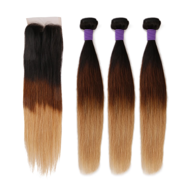 100 Remy Human Straight Hair 3 Bundles 1b 4 27 Caramel Blonde