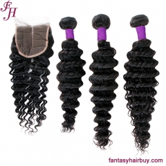 FH deep wave natural color hair weave 3 brazilian hair bundles with 4x4 lace closure