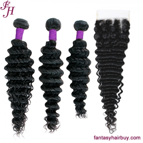 FH raw unprocessed human hair weave deep wave 3 hair bundles with 5x5 lace closure