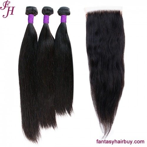 FH brazilian straight human hair weave 3 hair bundles with 5x5 lace closure