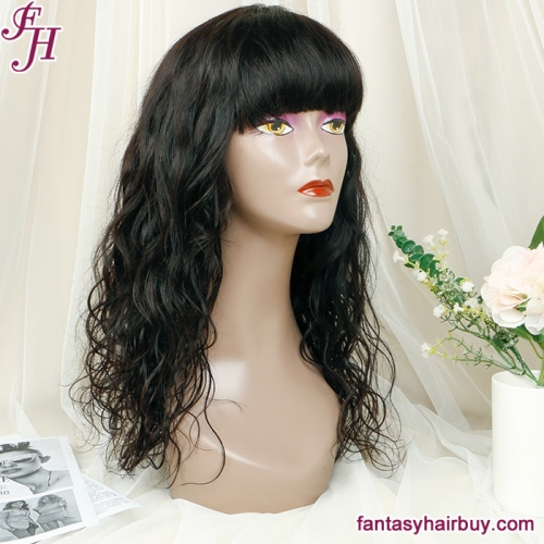 FH Without Lace Brazilian Raw Virgin Straight and Body Wave Human Hair Wig 3 Bundles With Bangs