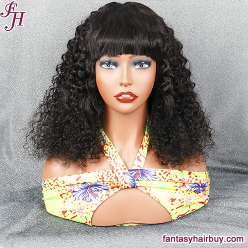 FH Cheap Without Lace Deep Curly Human Hair Wig With Bangs