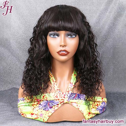 FH Cheap Machine Made Water Wave Human Hair Wig With Bangs