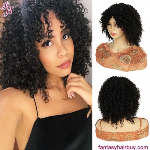 FH natural black curly machine made no lace human hair wig