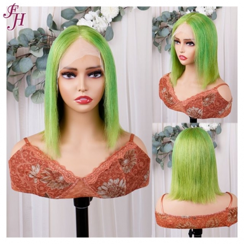FH transparent lace front green 12 inch raw hair bob wig