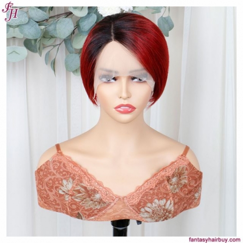 FH t part short pixie wig human hair lace frontal wig #1B/burg