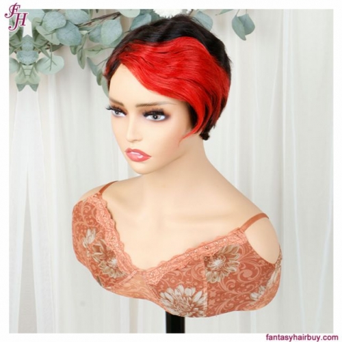 FH human hair short machine made pixie wig with red bang